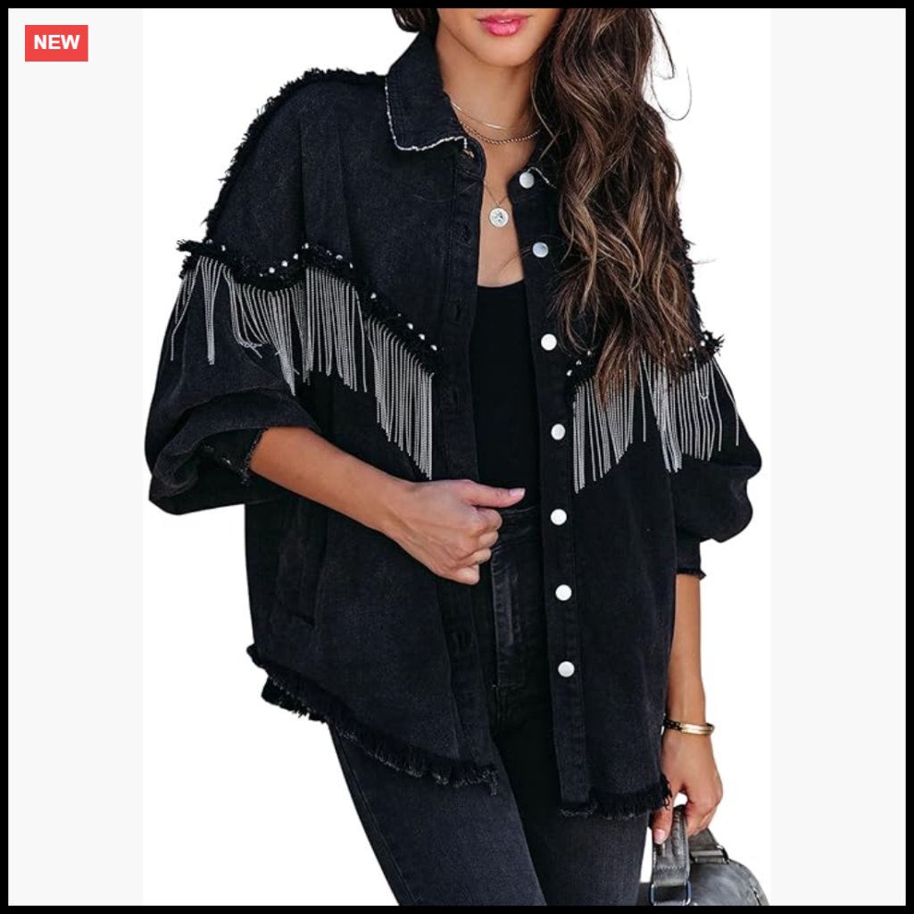 Oversized Fringe Denim Jacket Vintage Western Cowgirl Style With Sparkly Tassels